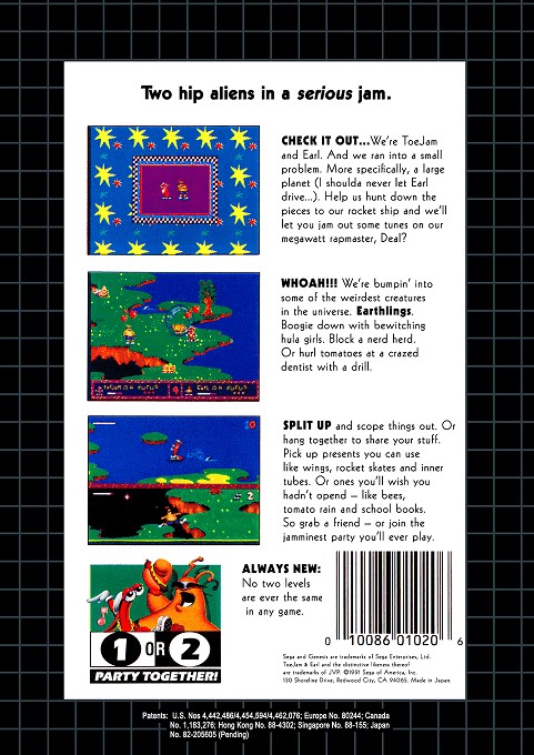 Back boxart of the game ToeJam & Earl (United States) on Sega Megadrive
