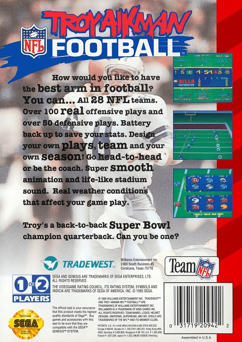 Back boxart of the game Troy Aikman NFL Football (United States) on Sega Megadrive