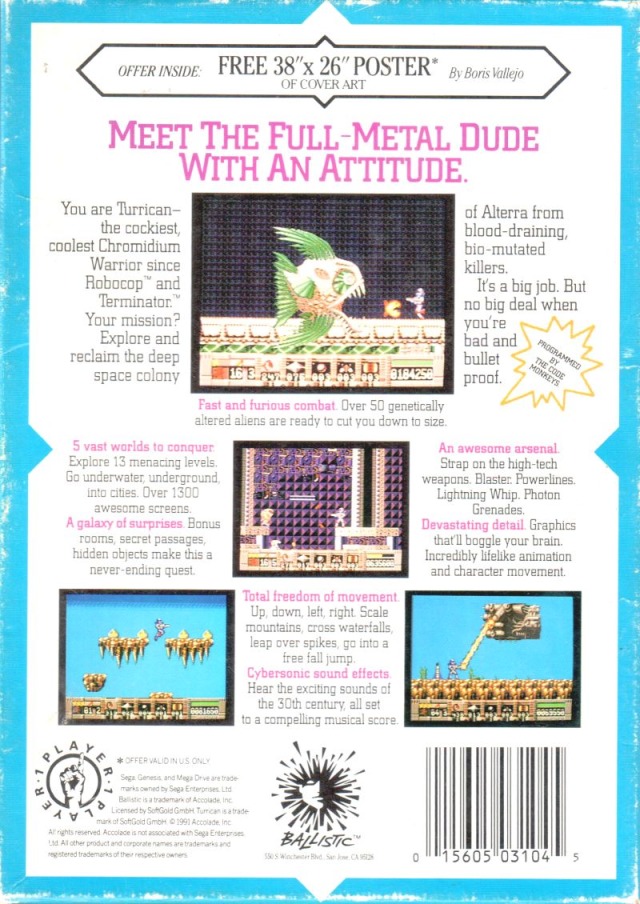 Back boxart of the game Turrican (Europe) on Sega Megadrive