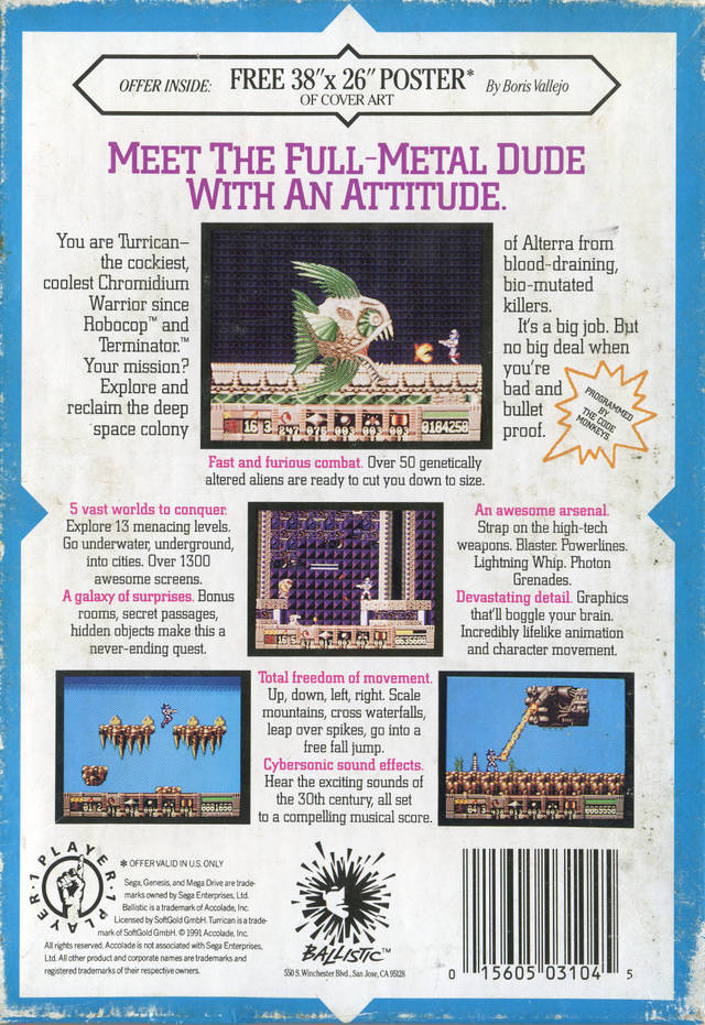 Back boxart of the game Turrican (United States) on Sega Megadrive