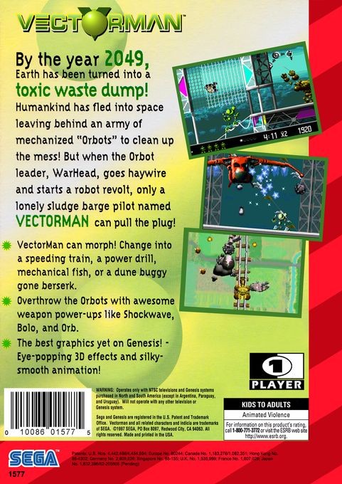 Back boxart of the game Vectorman (United States) on Sega Megadrive