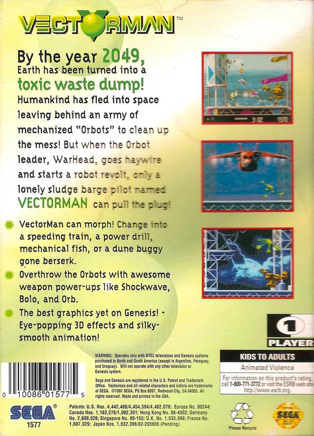 Back boxart of the game Vectorman (United States) on Sega Megadrive