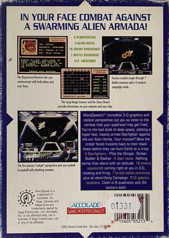 Back boxart of the game Warpspeed (Europe) on Sega Megadrive