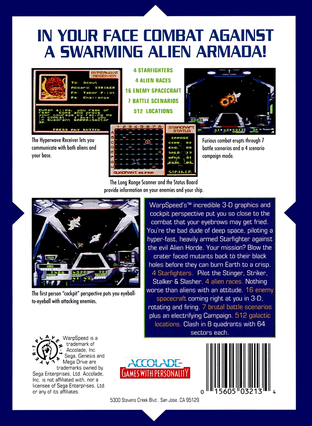 Back boxart of the game Warpspeed (United States) on Sega Megadrive