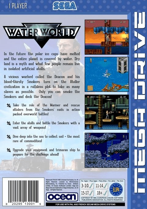 Back boxart of the game Waterworld (Europe) on Sega Megadrive