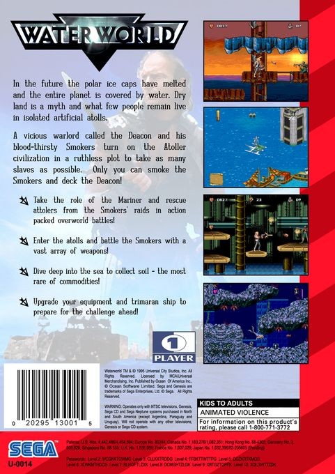 Back boxart of the game Waterworld (United States) on Sega Megadrive