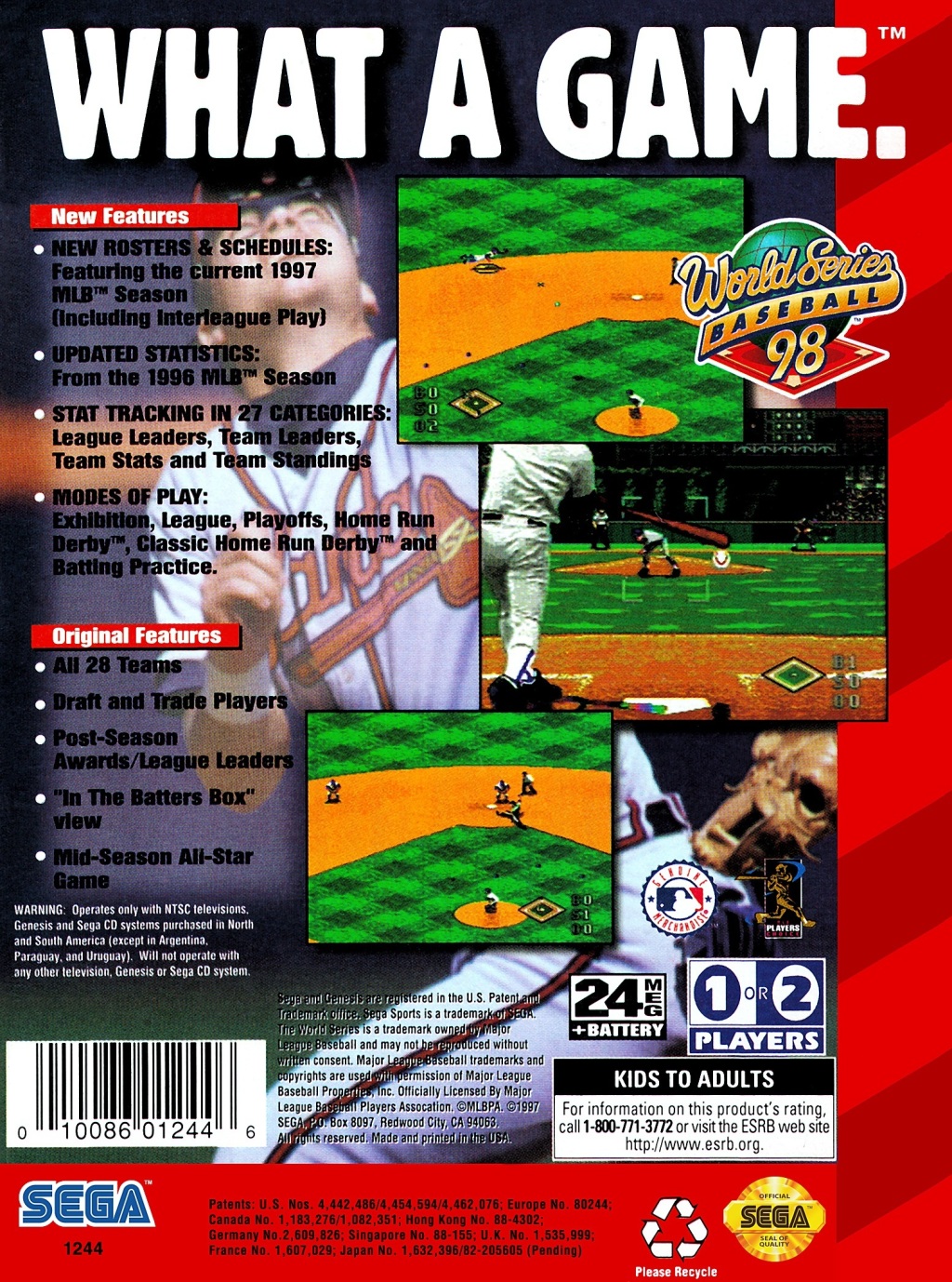 Back boxart of the game World Series Baseball 98 (United States) on Sega Megadrive