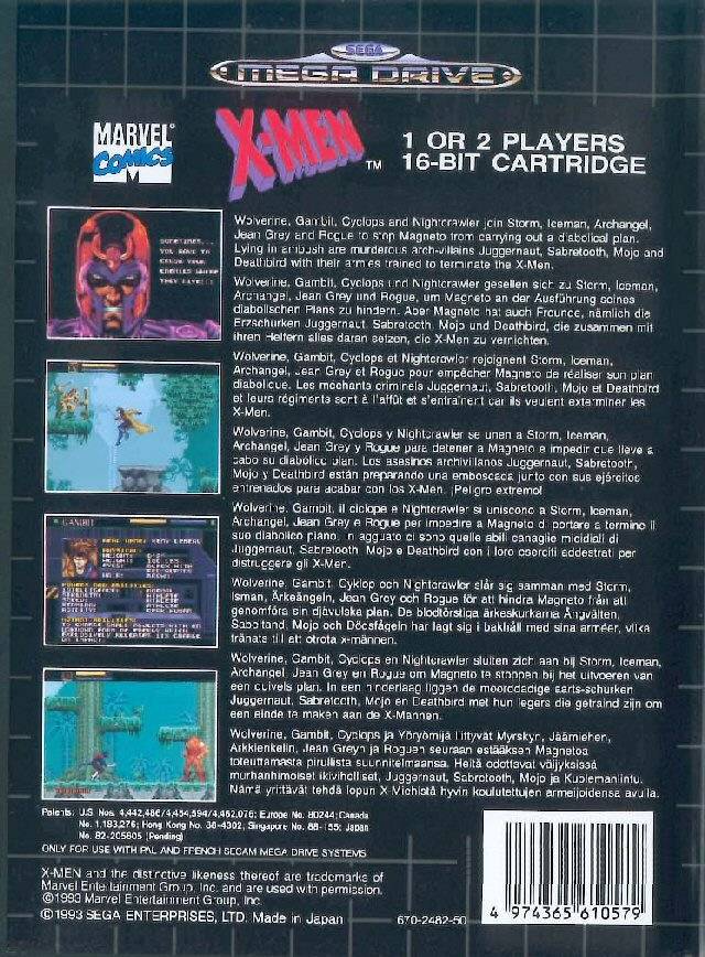 Back boxart of the game X-Men (Europe) on Sega Megadrive