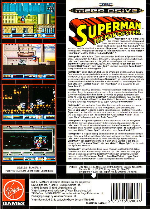 Back boxart of the game Superman - The Man of Steel (Europe) on Sega Megadrive