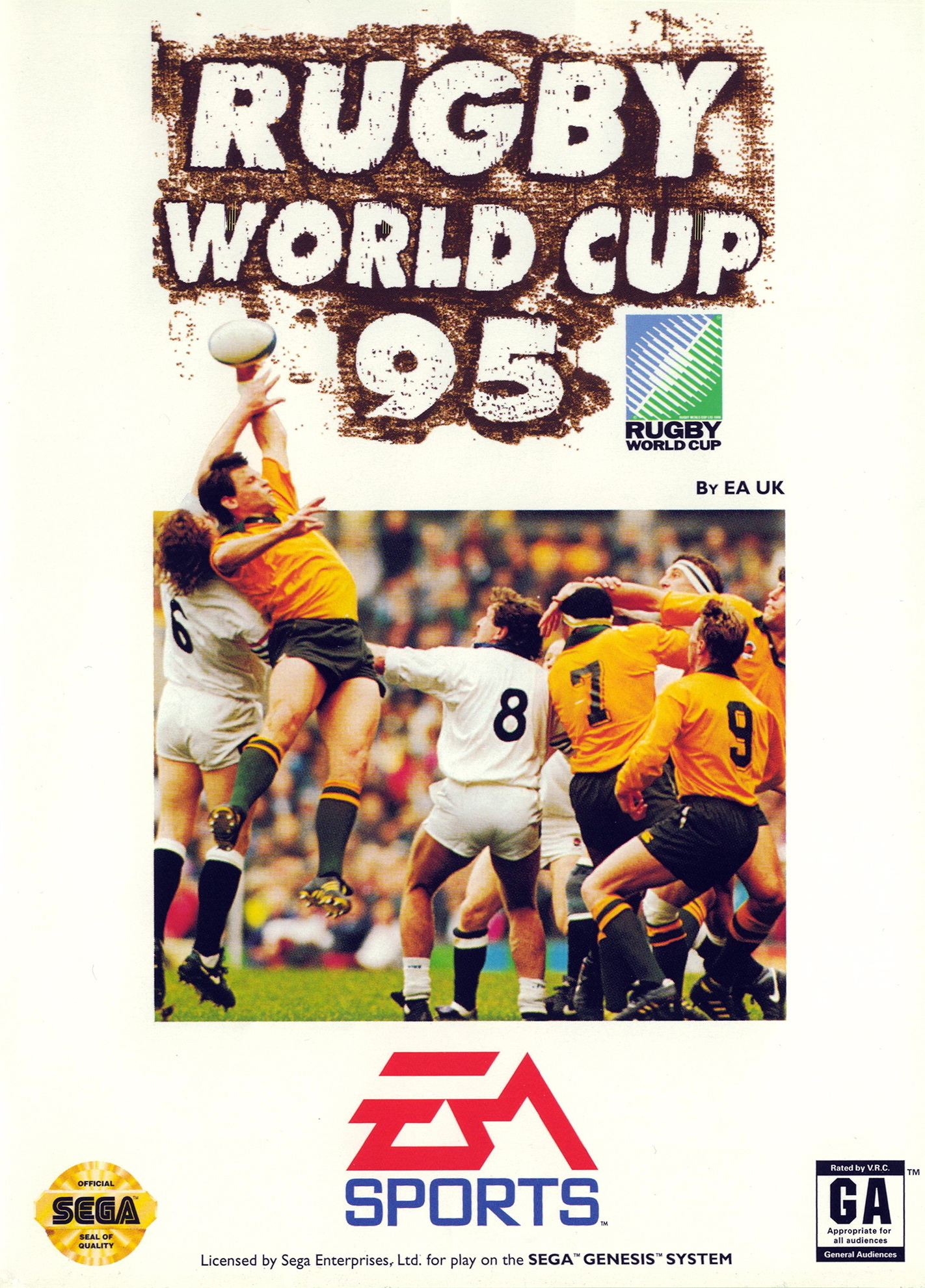 Front boxart of the game Rugby World Cup '95 (United States) on Sega Megadrive