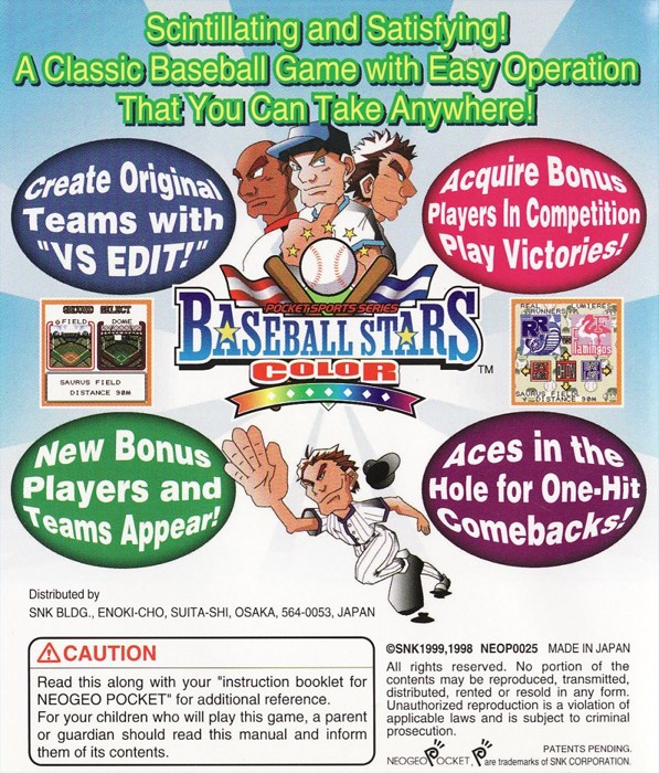 Back boxart of the game Baseball Stars Color (Europe) on SNK NeoGeo Pocket