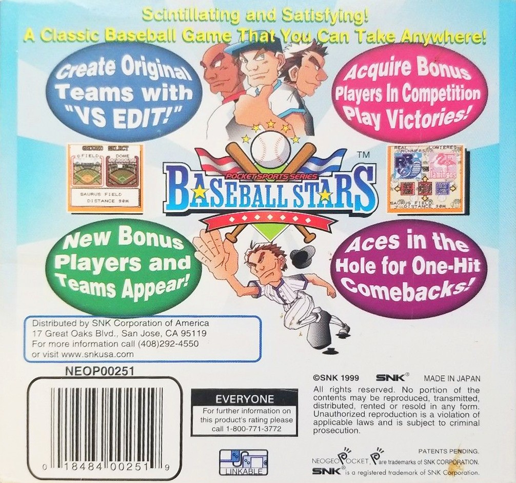 Back boxart of the game Baseball Stars Color (United States) on SNK NeoGeo Pocket