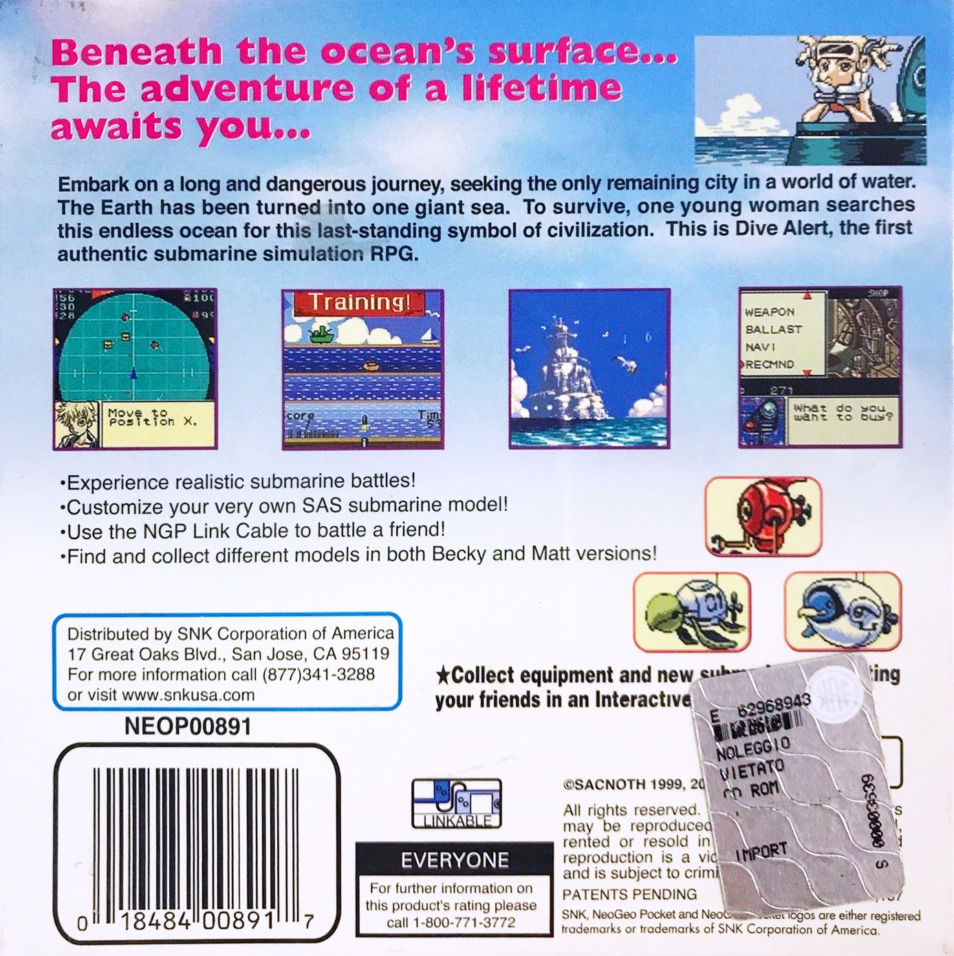 Back boxart of the game Dive Alert - Rebecca Version (United States) on SNK NeoGeo Pocket