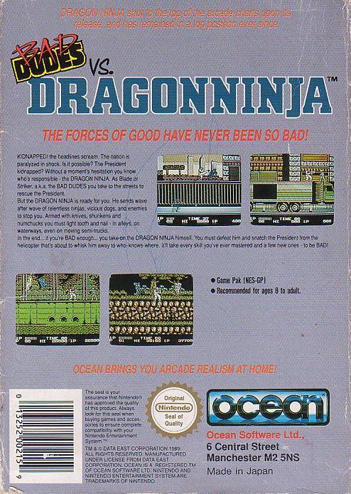 Back boxart of the game Bad Dudes vs. Dragon Ninja (Europe) on Nintendo NES