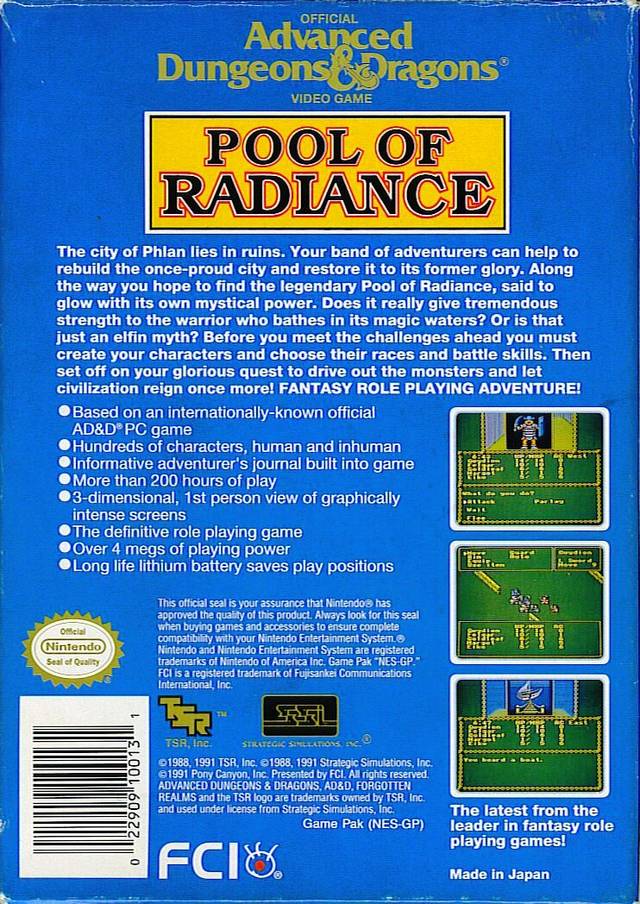Back boxart of the game Advanced Dungeons & Dragons - Pool of Radiance (United States) on Nintendo NES