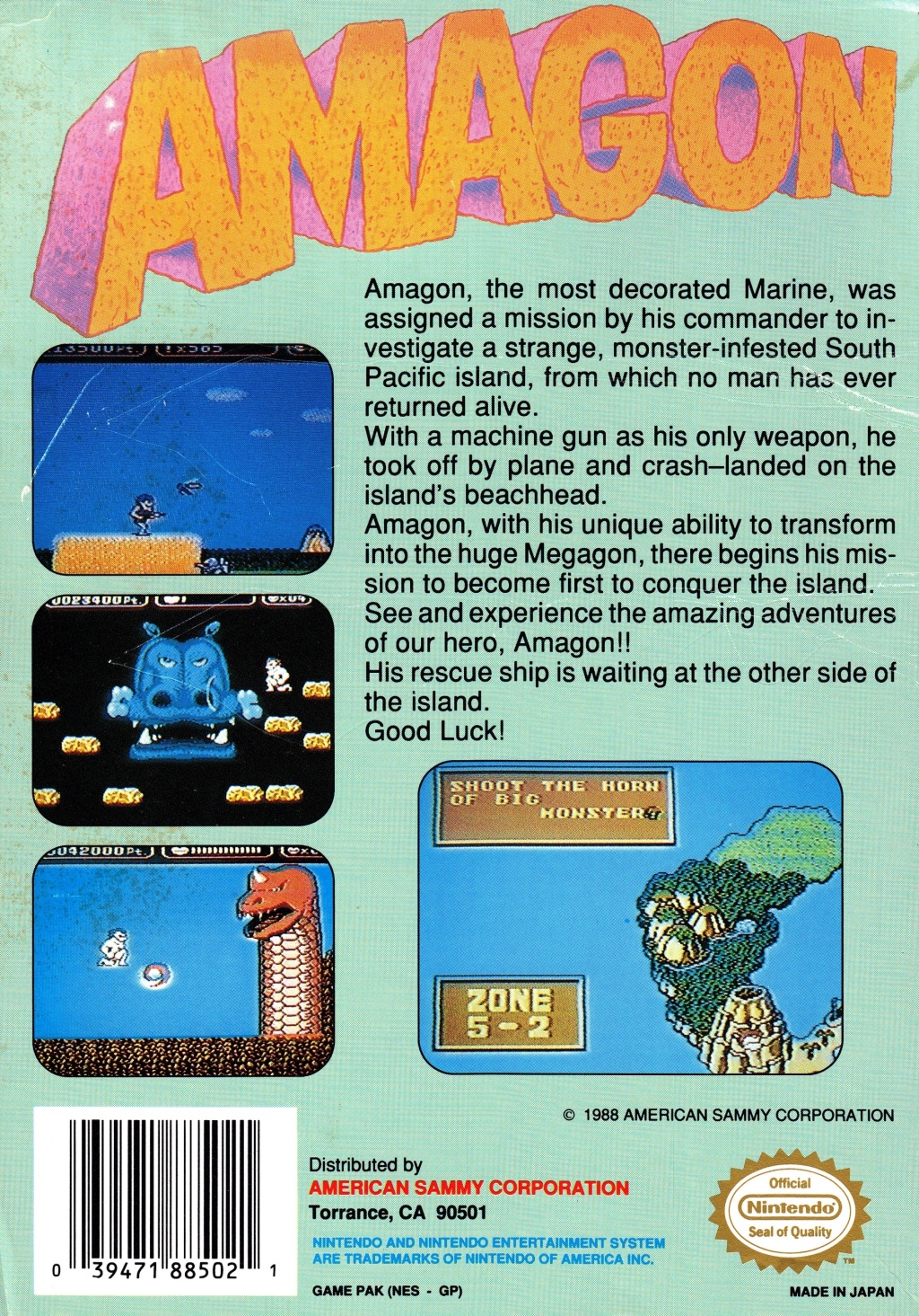 Back boxart of the game Amagon (United States) on Nintendo NES
