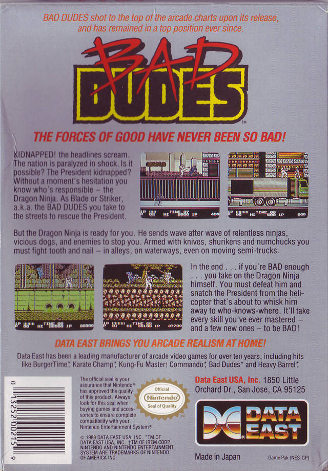 Back boxart of the game Bad Dudes (United States) on Nintendo NES