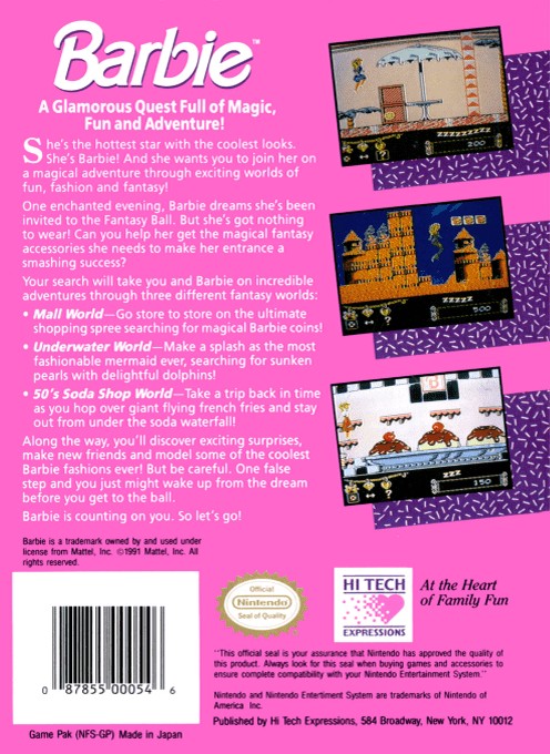 Back boxart of the game Barbie (United States) on Nintendo NES