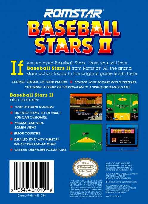 Back boxart of the game Baseball Stars II (United States) on Nintendo NES