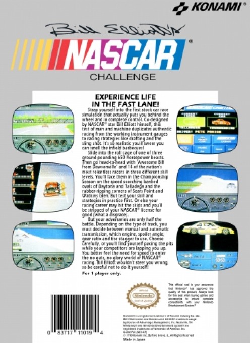 Back boxart of the game Bill Elliott's NASCAR Challenge (United States) on Nintendo NES