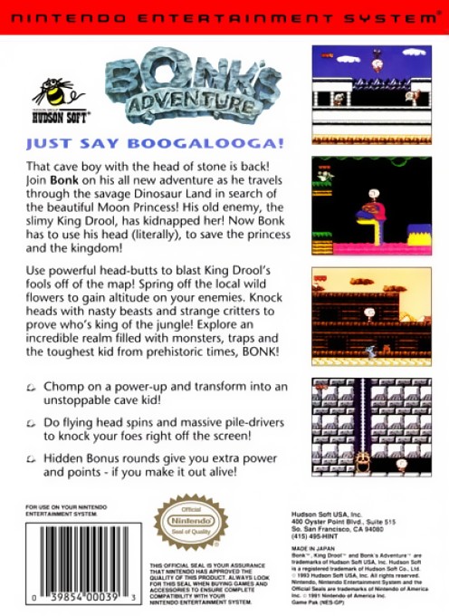 Back boxart of the game Bonk's Adventure (United States) on Nintendo NES