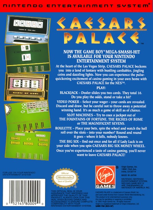 Back boxart of the game Caesars Palace (United States) on Nintendo NES