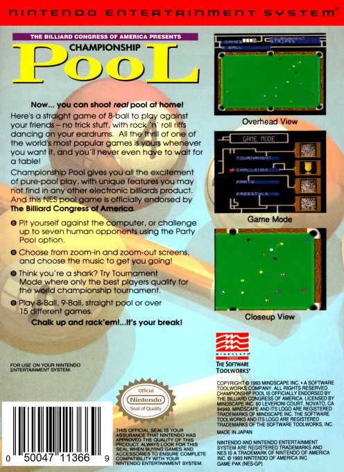 Back boxart of the game Championship Pool (United States) on Nintendo NES