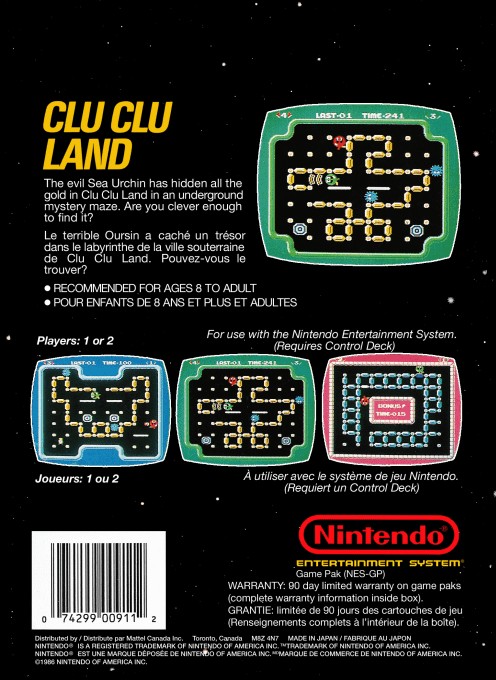 Back boxart of the game Clu Clu Land (United States) on Nintendo NES
