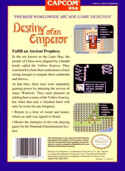 Back boxart of the game Destiny of an Emperor (United States) on Nintendo NES