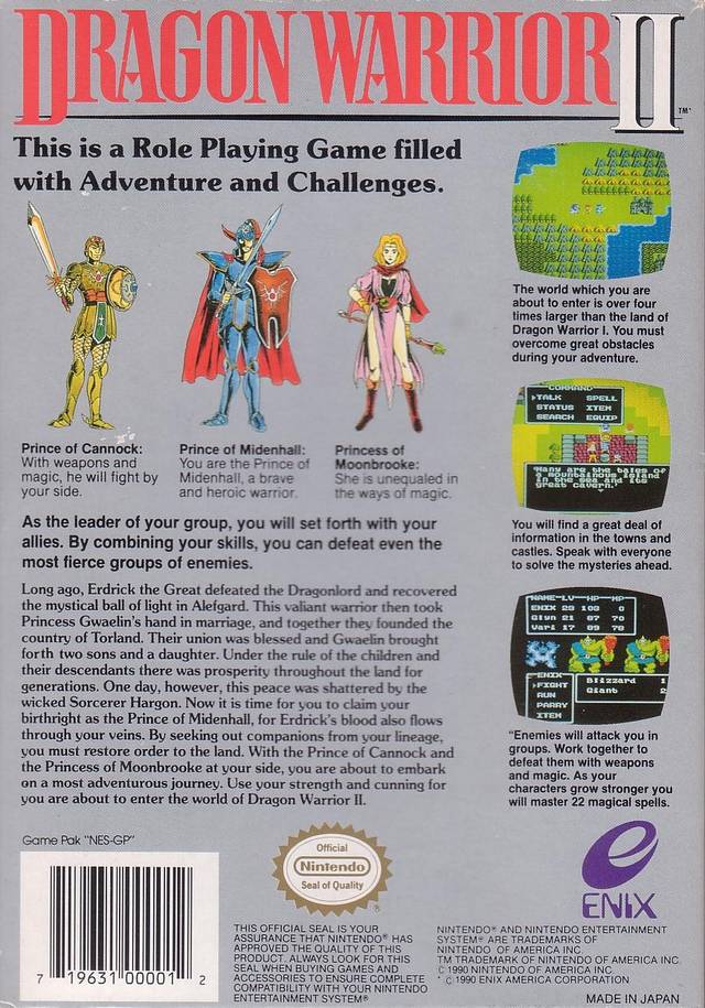 Back boxart of the game Dragon Warrior II (United States) on Nintendo NES