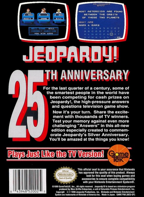 Back boxart of the game Jeopardy! 25th Anniversary Edition (United States) on Nintendo NES