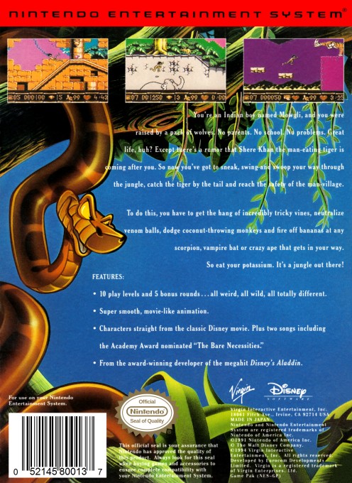 Back boxart of the game Jungle Book, The (United States) on Nintendo NES
