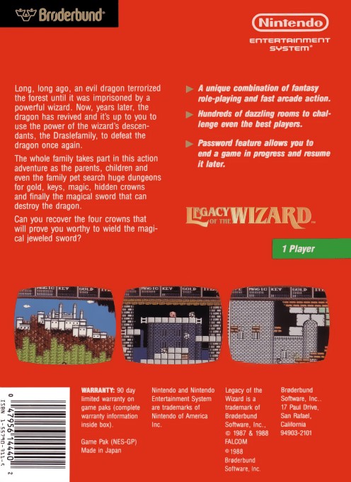 Back boxart of the game Legacy of the Wizard (United States) on Nintendo NES