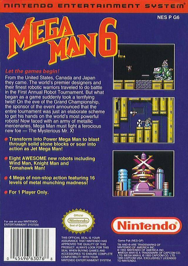 Back boxart of the game Mega Man 6 (United States) on Nintendo NES