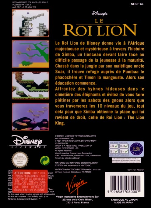 Back boxart of the game Roi Lion, Le (France) on Nintendo NES
