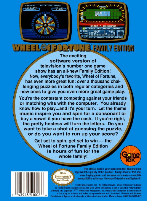 Back boxart of the game Wheel of Fortune - Family Edition (United States) on Nintendo NES