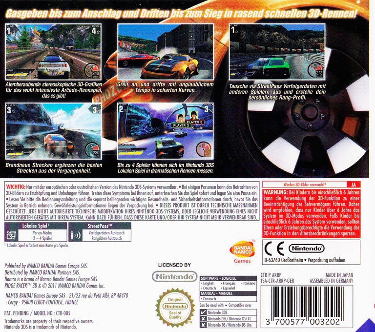 Back boxart of the game Ridge Racer 3D (Germany) on Nintendo 3DS