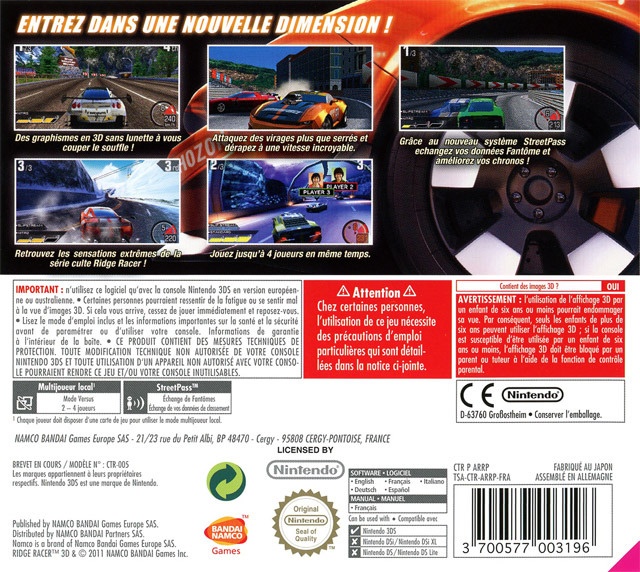Back boxart of the game Ridge Racer 3D (France) on Nintendo 3DS