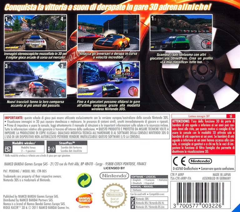 Back boxart of the game Ridge Racer 3D (Italy) on Nintendo 3DS