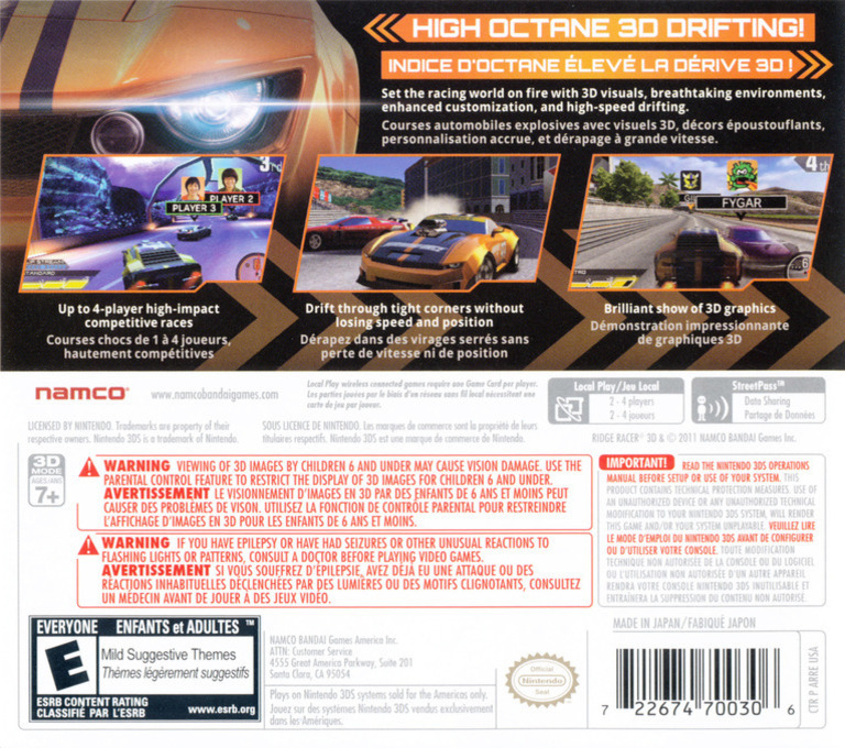 Back boxart of the game Ridge Racer 3D (United States) on Nintendo 3DS