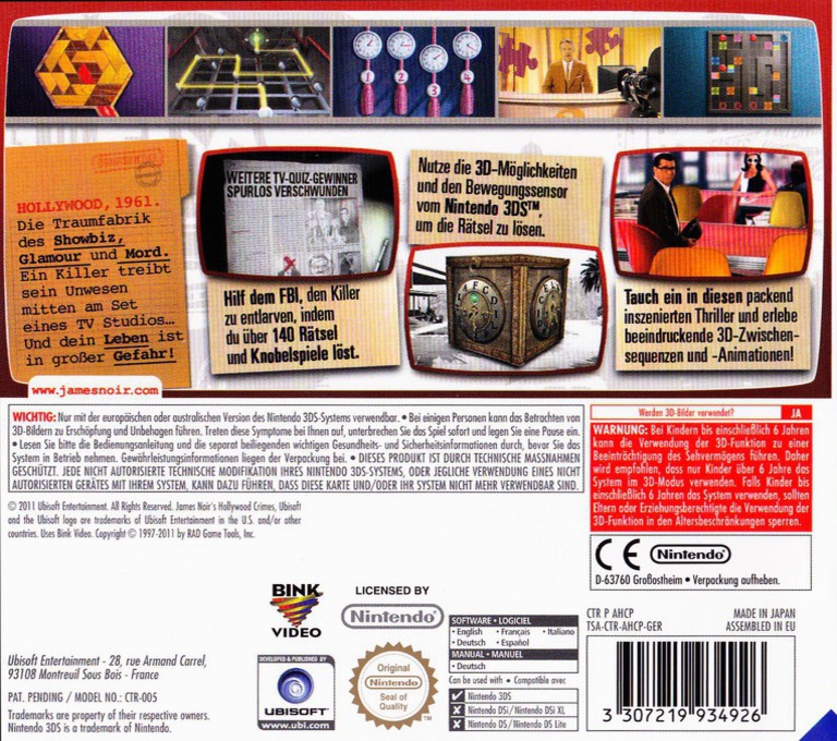 Back boxart of the game James Noir's Hollywood Crimes 3D (Germany) on Nintendo 3DS