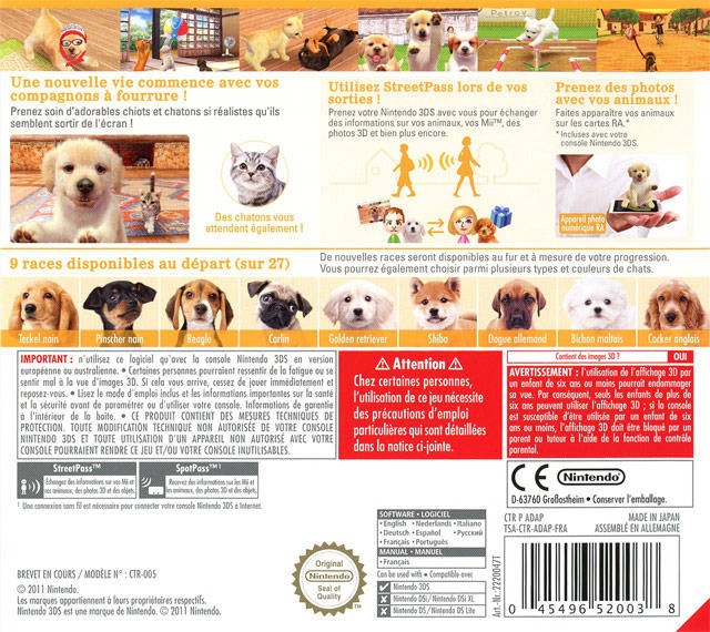 Back boxart of the game Nintendogs + Cats - Golden Retriever & New Friends (France) on Nintendo 3DS