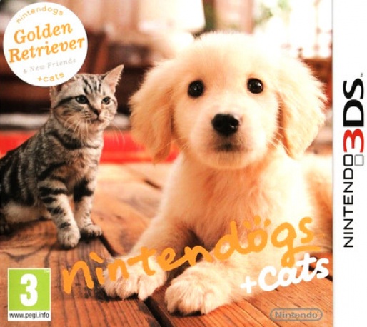 Front boxart of the game Nintendogs + Cats - Golden Retriever & New Friends (Europe) on Nintendo 3DS