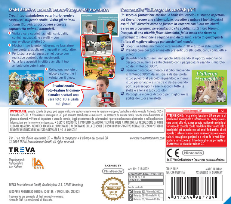 Back boxart of the game 2 in 1 - My Vet Practice 3D and My Baby Pet Hotel 3D (Italy) on Nintendo 3DS