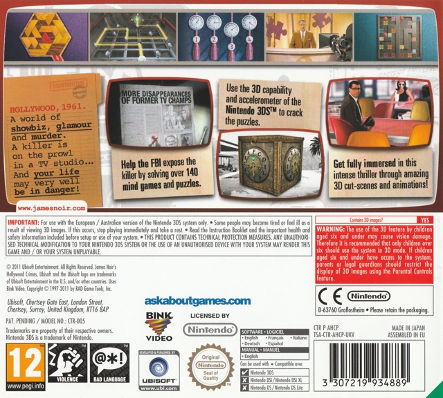 Back boxart of the game James Noir's Hollywood Crimes (Europe) on Nintendo 3DS