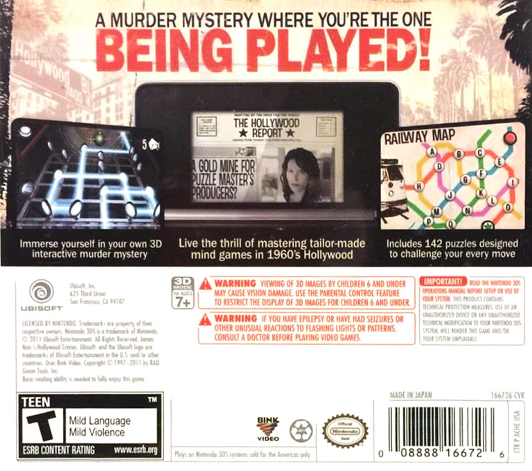 Back boxart of the game James Noir's Hollywood Crimes (United States) on Nintendo 3DS