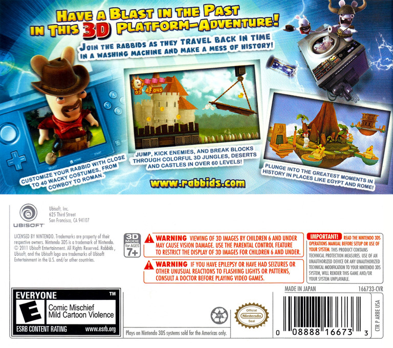 Back boxart of the game Rabbids - Travel in Time 3D (United States) on Nintendo 3DS