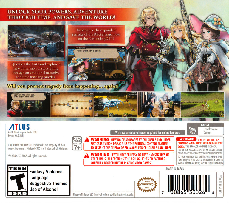 Back boxart of the game Radiant Historia - Perfect Chronology (United States) on Nintendo 3DS