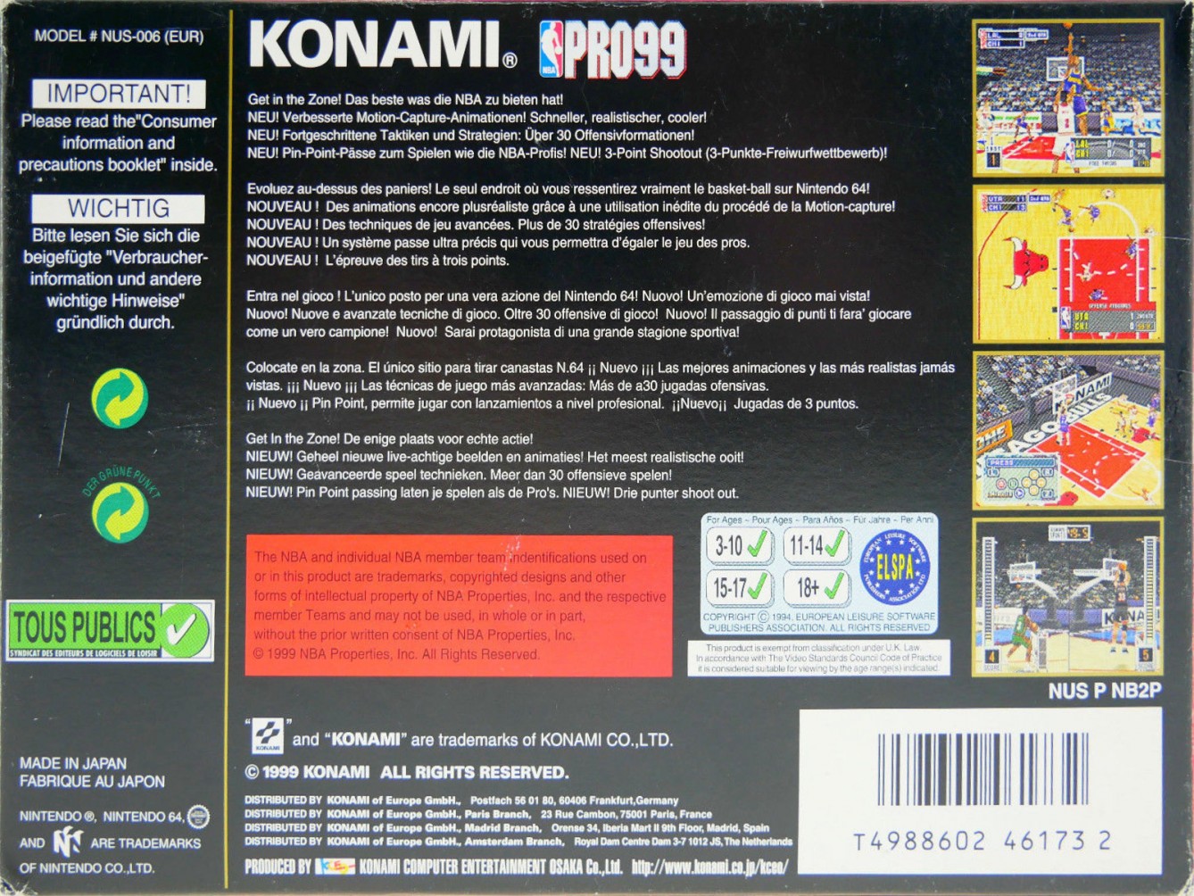 Back boxart of the game NBA Pro 99 (Europe) on Nintendo 64