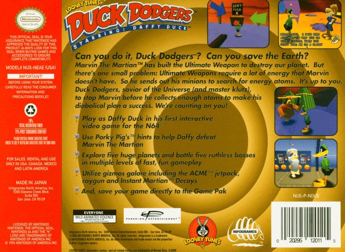 Back boxart of the game Looney Tunes Duck Dodgers Starring Daffy Duck (United States) on Nintendo 64